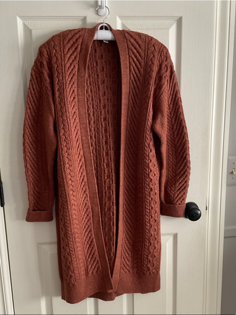 Nili Lotan Open-Front Cable Knit Cardigan in Rust